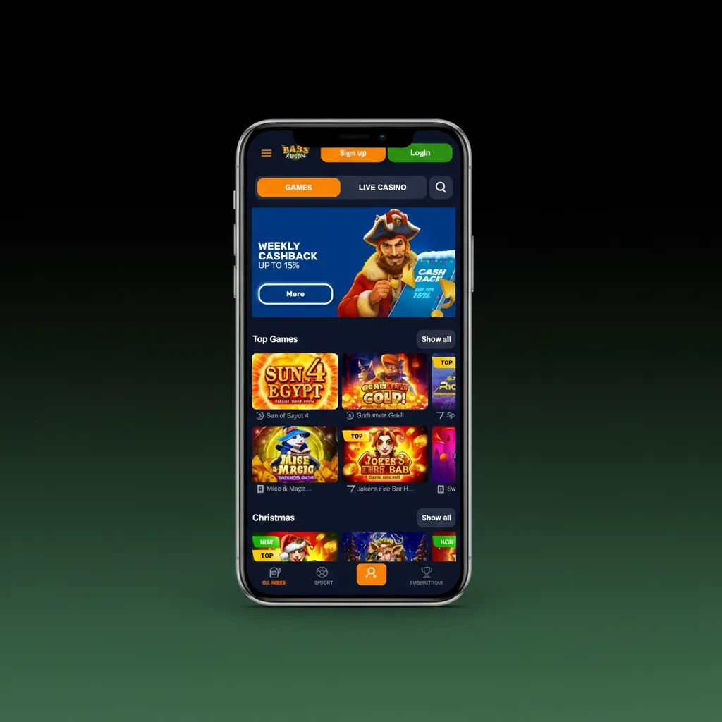 Basswin app clean UI on a phone, showing one-handed layout with bet slip, live odds, and casino lobby for quick navigation.