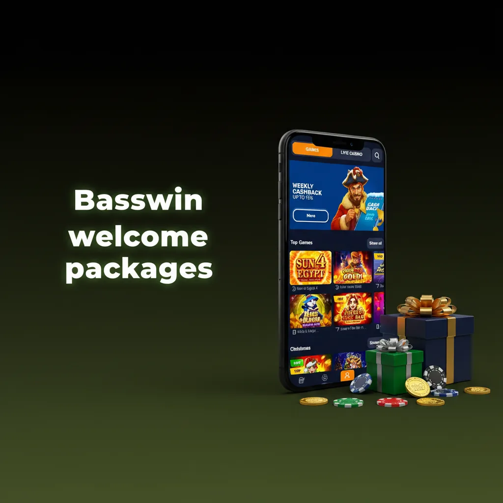 Basswin welcome packages: 100%+100 FS MergeUp (€20), 150%+125 FS Gemhalla (€50), 200%+150 FS WildCashX9990 (€150).